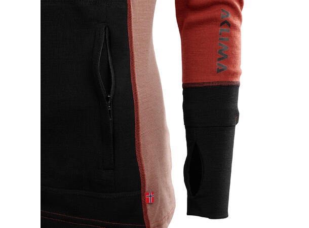 WarmWool Hood Sweater w/zip W Jet Black / Red Ochre / Cognac S
