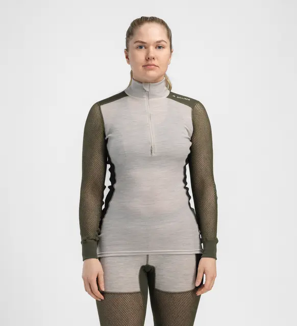 WoolNet Hybrid mockneck W's Beige Melange /Olive Night/Jet Black M 