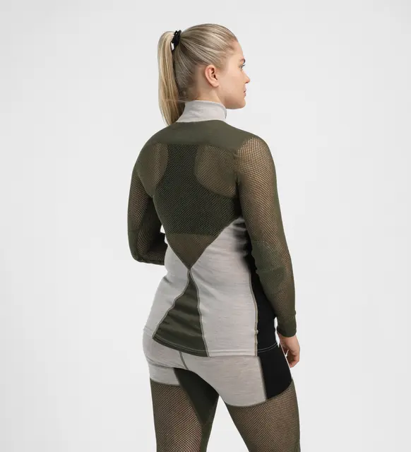 WoolNet Hybrid mockneck W's Beige Melange /Olive Night/Jet Black M 