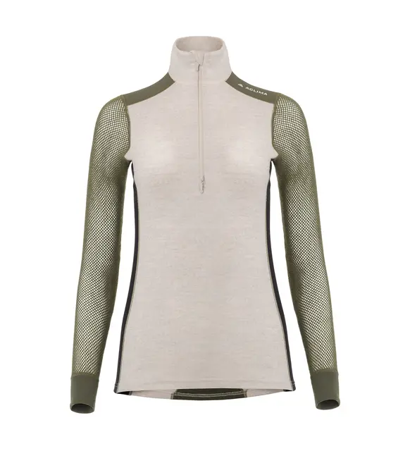 WoolNet Hybrid mockneck W's Beige Melange /Olive Night/Jet Black M 
